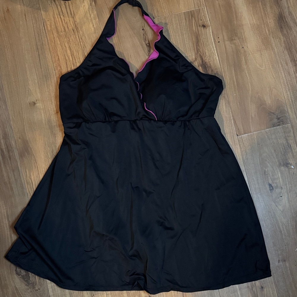 Tropical Escape Black and Pink One Piece Halter Top Swimsuit